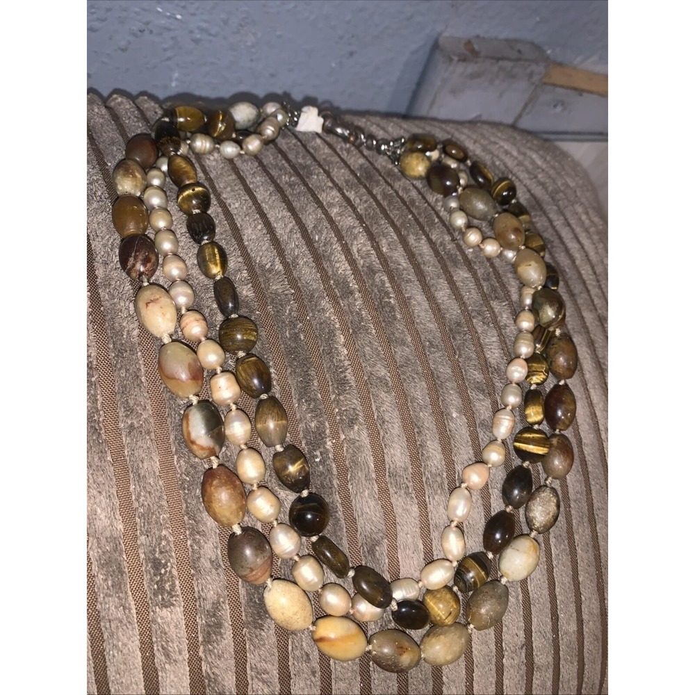 Natural Champagne Pearl Iron Tigers Eye and Agate Tibet Necklace